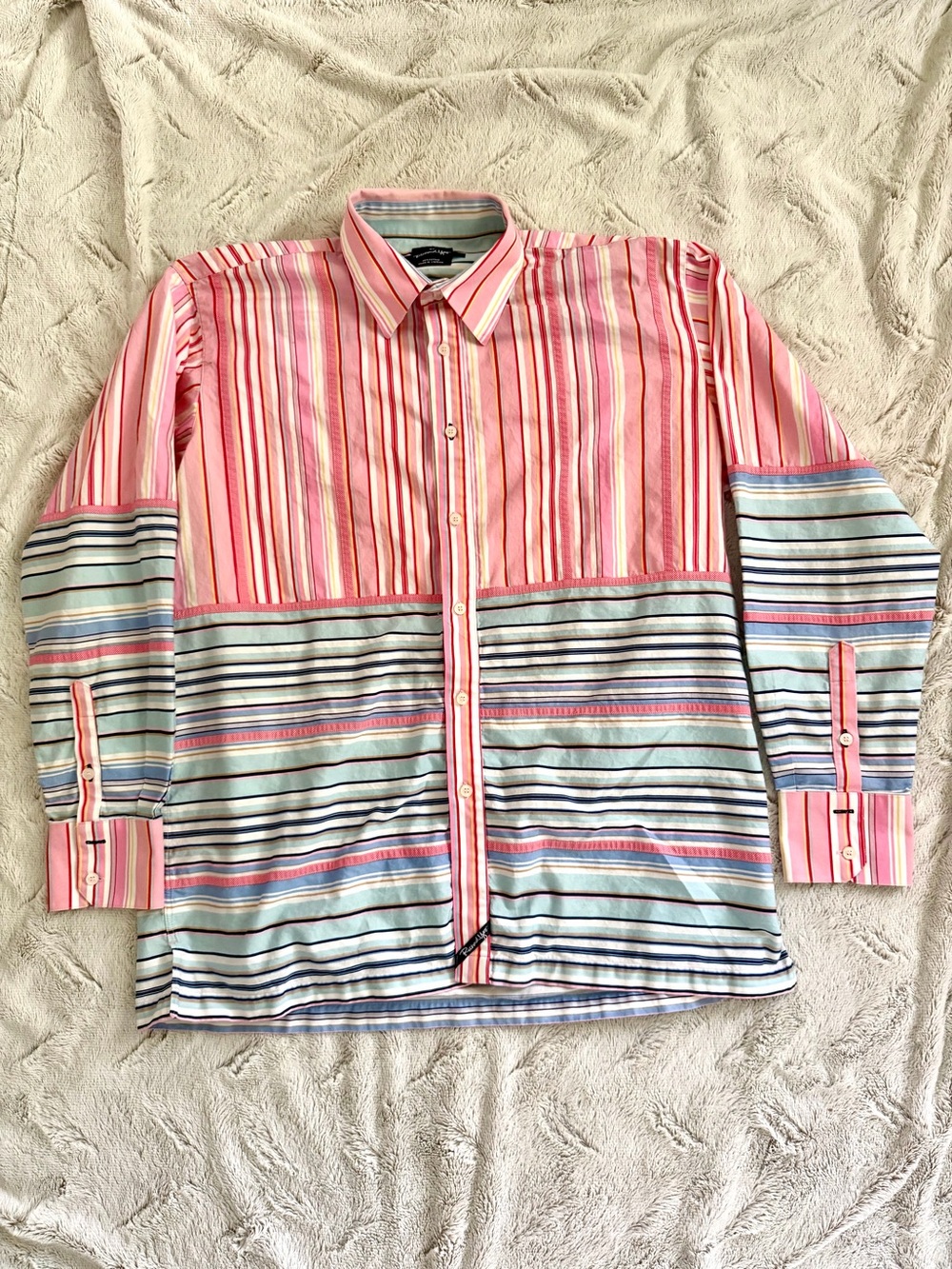 Richard Yoo Men's XL Patchwork Colorblock Striped Button Up Shirt Eclectic